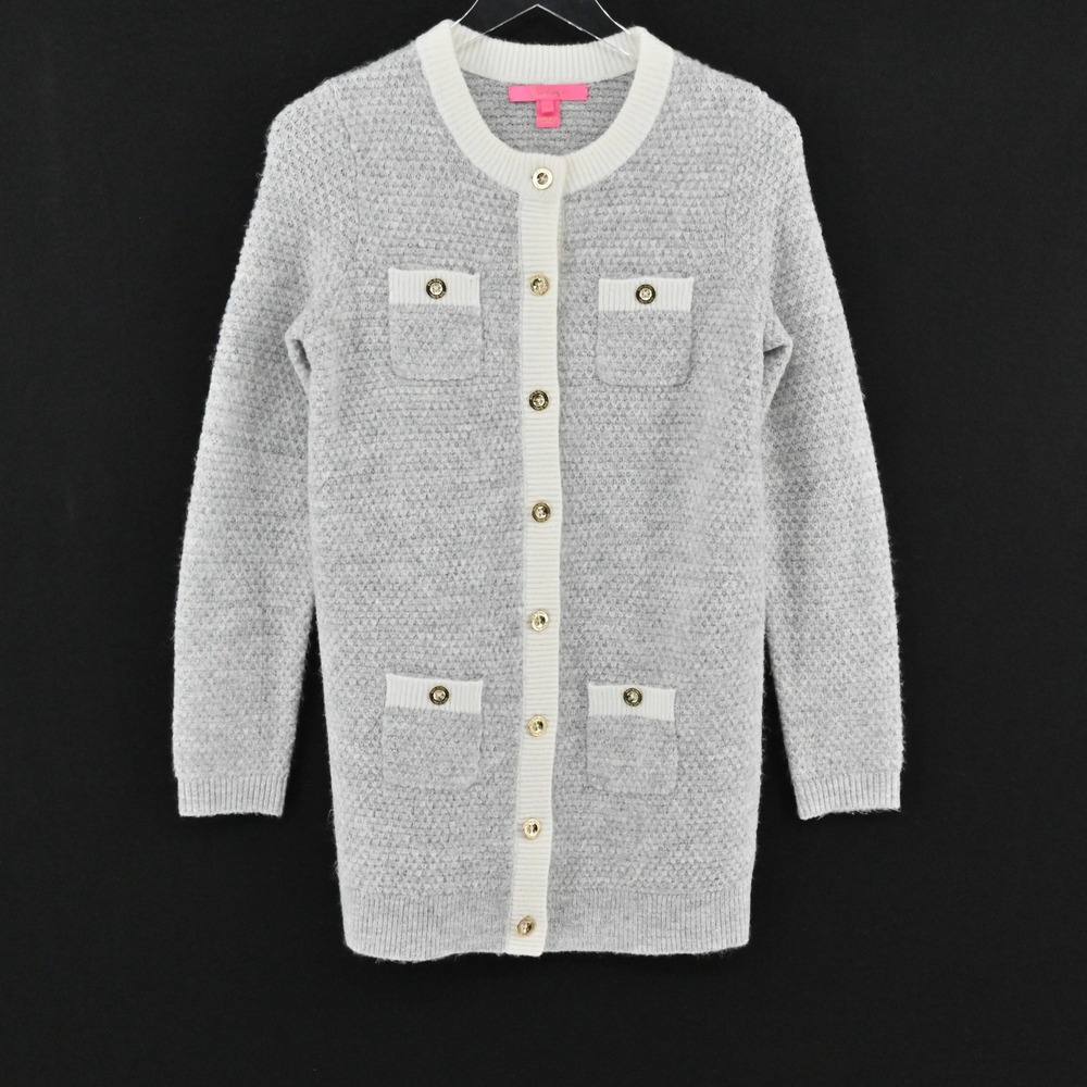 Lilly Pulitzer Davison Cardigan Womens Size XS Gray Gold Button Preppy Sweater